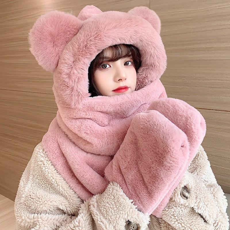 Bear Hat Women's Winter Warm Three-piece Scarf Versatile Winter Plush Ears Cute Hooded Scarf Integrated