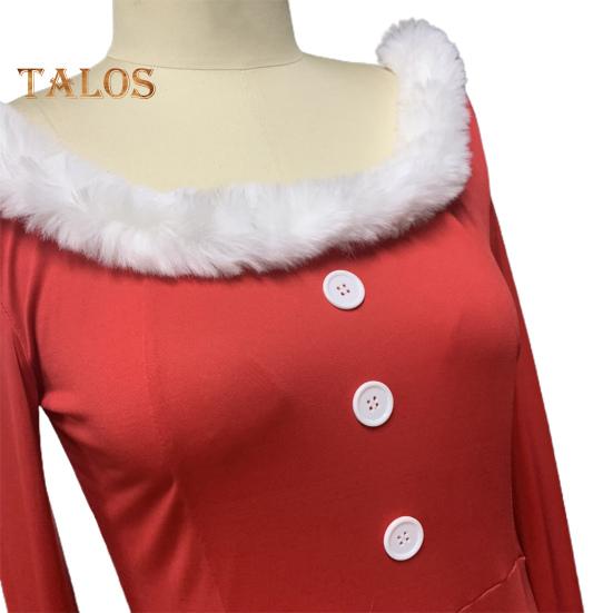 Christmas Performance Dress Fluffy Square Neck Pure Color A Line Irregular Hem Button Decor Festive Stage Show Santa Cosplay Costume New Year Party