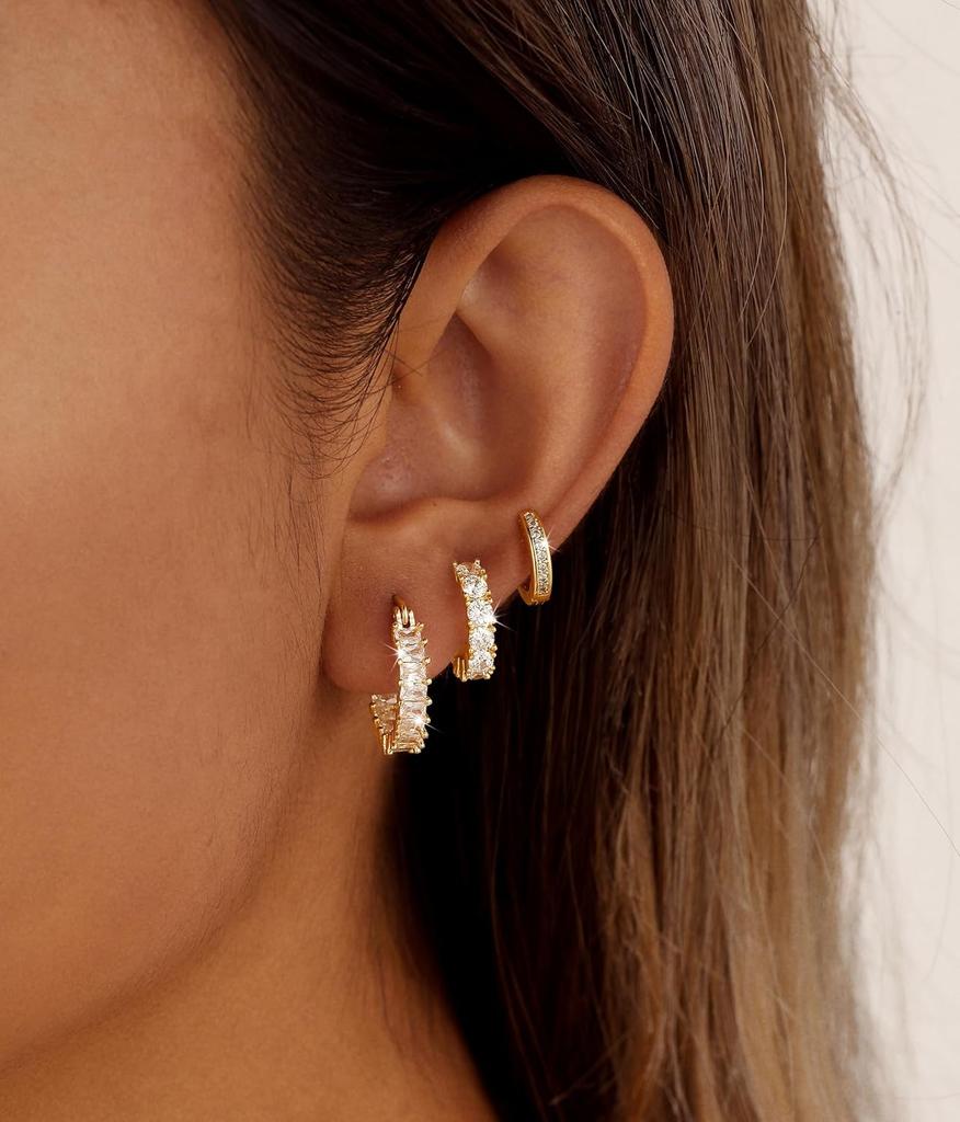 3 Pcs or Pairs Hoop Earrings for Women Trendy Dainty 14K Gold Cubic Zirconia Stud Earrings Stack for Multiple Piercing Jewelry
