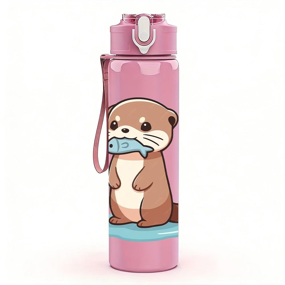 1PC Cute Otter Sitting Cartoon Animal Print 750ml Color Plastic Sports Water Bottle Leakproof Flip Straw Lid Suitable for Sports Office Home Use