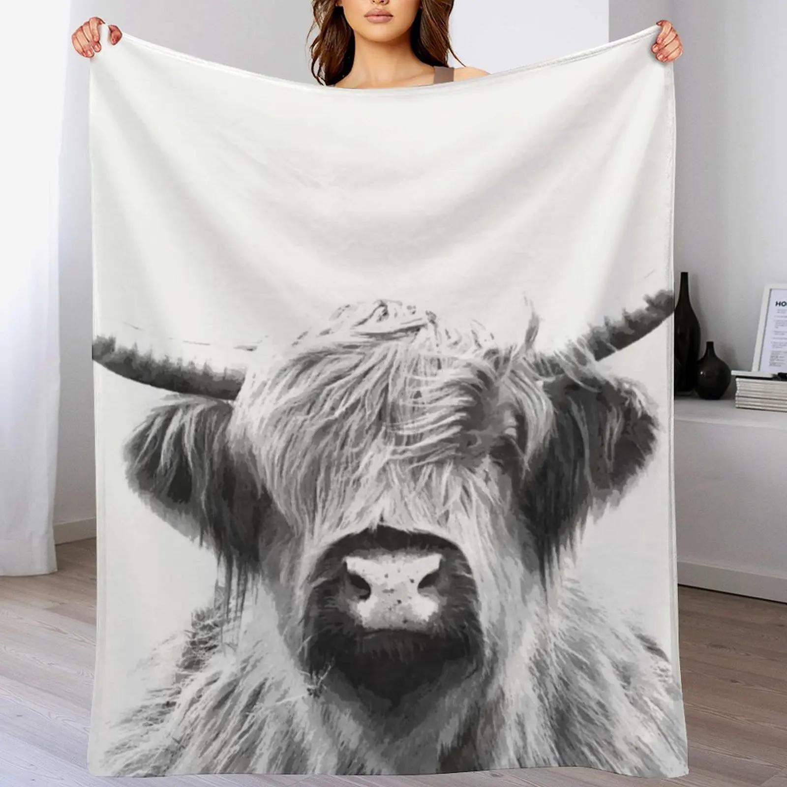 Black and White Highland Cow Throw Blanket Soft Bedroom Blanket for Night Sleeping 102x76cm(40x30in)