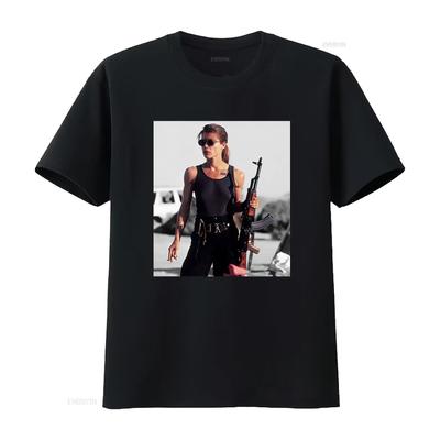 Sarah Connor Terminator 2 T2 Movie Inspired Mens T Shirt Retro Sci Fi Action Design Perfect for Fans Comfortable Cotton Blend