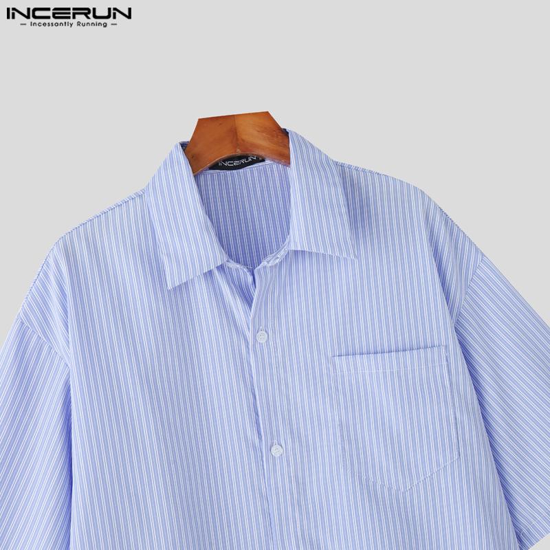 INCERUN Two Piece Suit Men Striped Short Sleeve Shirts Shorts Casual Outfits Sets