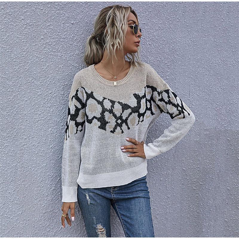 

Женский свитер с леопардовым принтом, повседневный, осенне-зимний, вязаный, черный, белый, с длинным рукавом, свободный, пуловер L белый