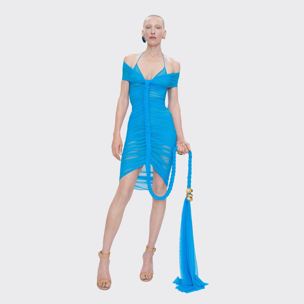 

European American Women s Sexy V-neck Fashion Pleated Knot Banquet Dress Small синій