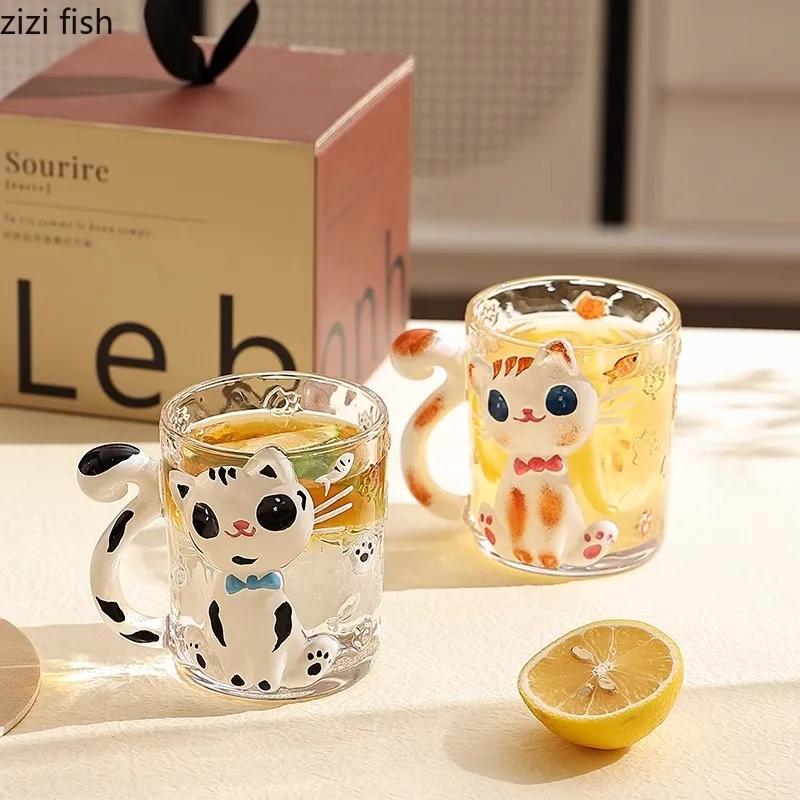 Relief handbemalte Glastasse Kreative süße Katze Kaffeetasse Latte Tasse Paar Tasse Frühstückstasse Haushaltswassertasse Teetassen