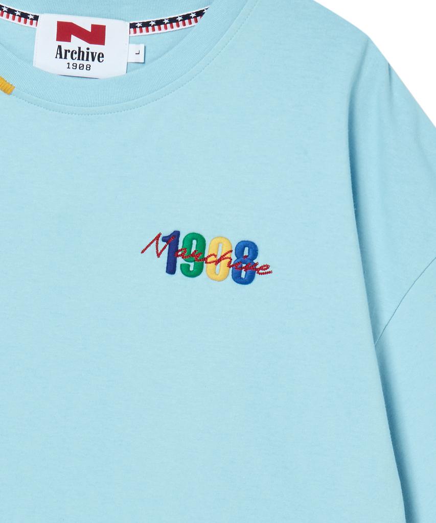 BEYOND CLOSET [Collection Line] Washed Cotton Short Sleeve T-Shirt With Vintage Art Piece Detail Sky Blue