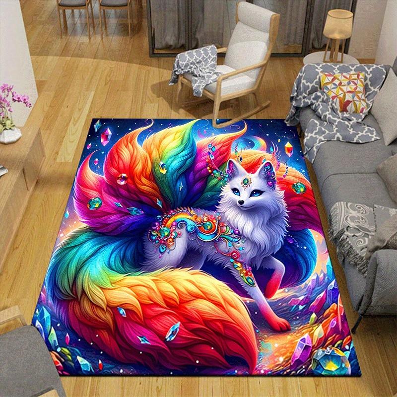 1pc Colorful Nine Tailed Fox Design Area Rug - Soft, Anti-Slip, and Durable Gaming Room Decor for Bedroom