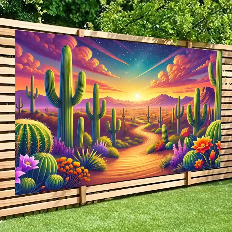 2D Western Desert Landscape Backdrop with Cacti, Mountains & Colorful Clouds 47.2x31.5inch/120*80cm