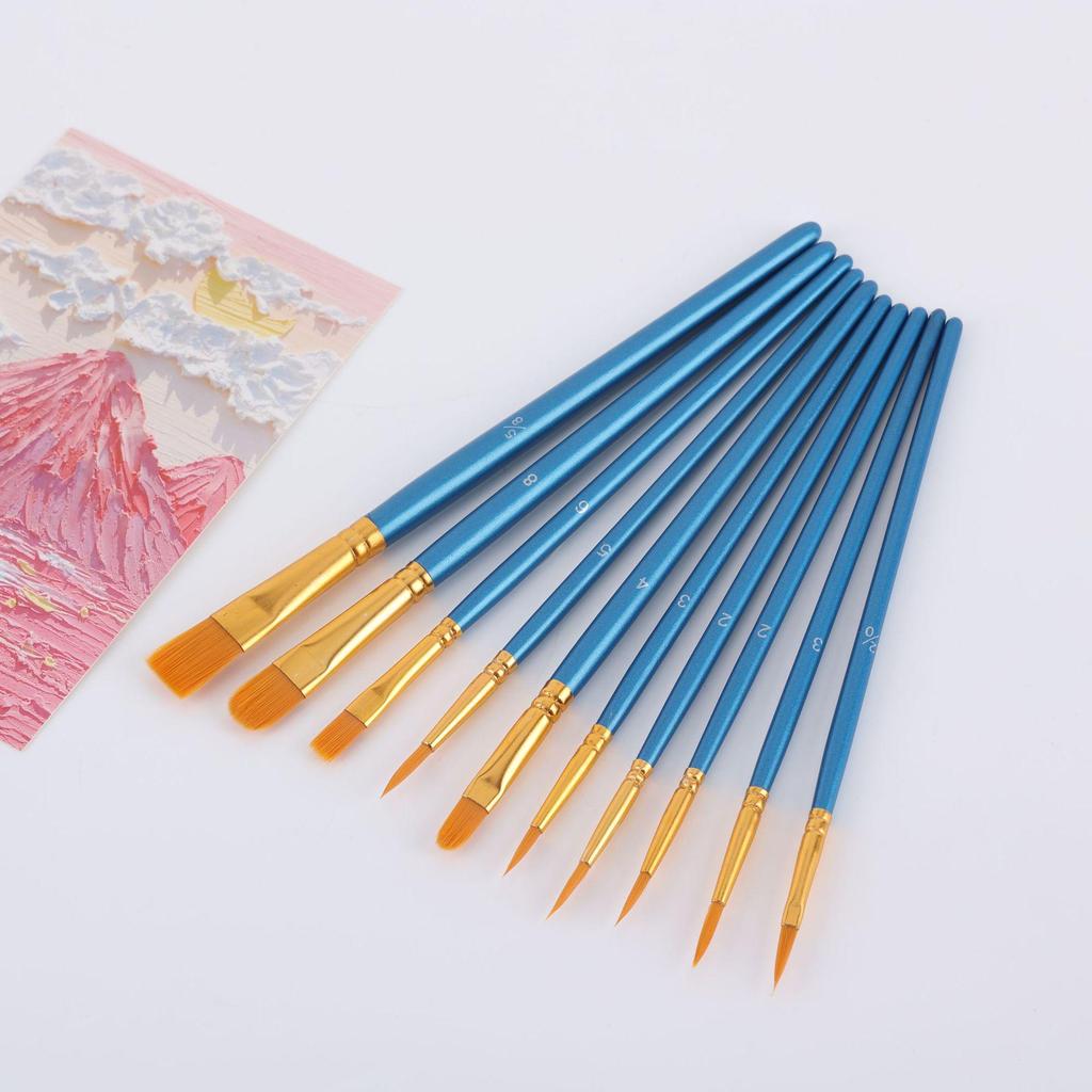 10-Piece Art Brush Set: Pearlescent Blue Chalk & Watercolor Tempera Acrylic Oil Paintbrushes