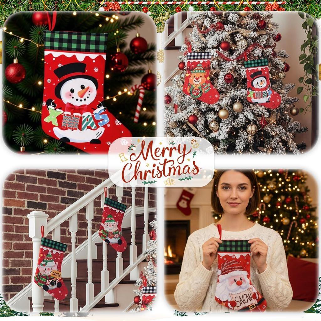 Set of 4 Christmas Decorations Stockings Snowman, Santa, Reindeer Socks Christmas Tree Decoration Items Gifts Hangings Stocking Set