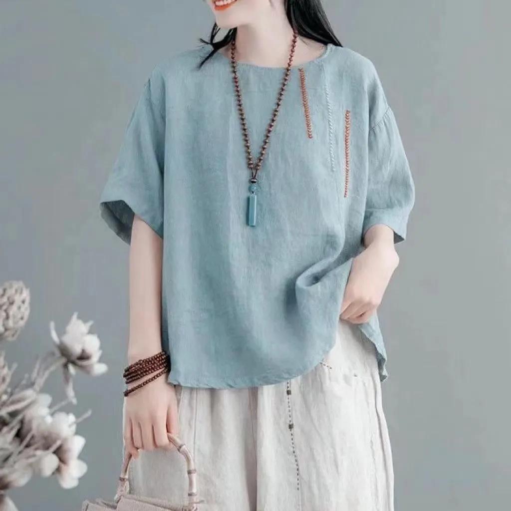 Female Summer Loose Short Sleeve T-Shirt Round Neck Embroidered Pullover Top