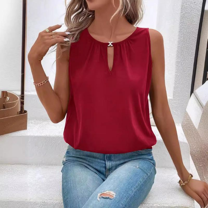 Nuova camicetta estiva ampia senza maniche con scollo rotondo da donna, camicia casual da ufficio alla moda, canotta a tinta unita, elegante, sexy, semplice, con intagli, top e canotta.