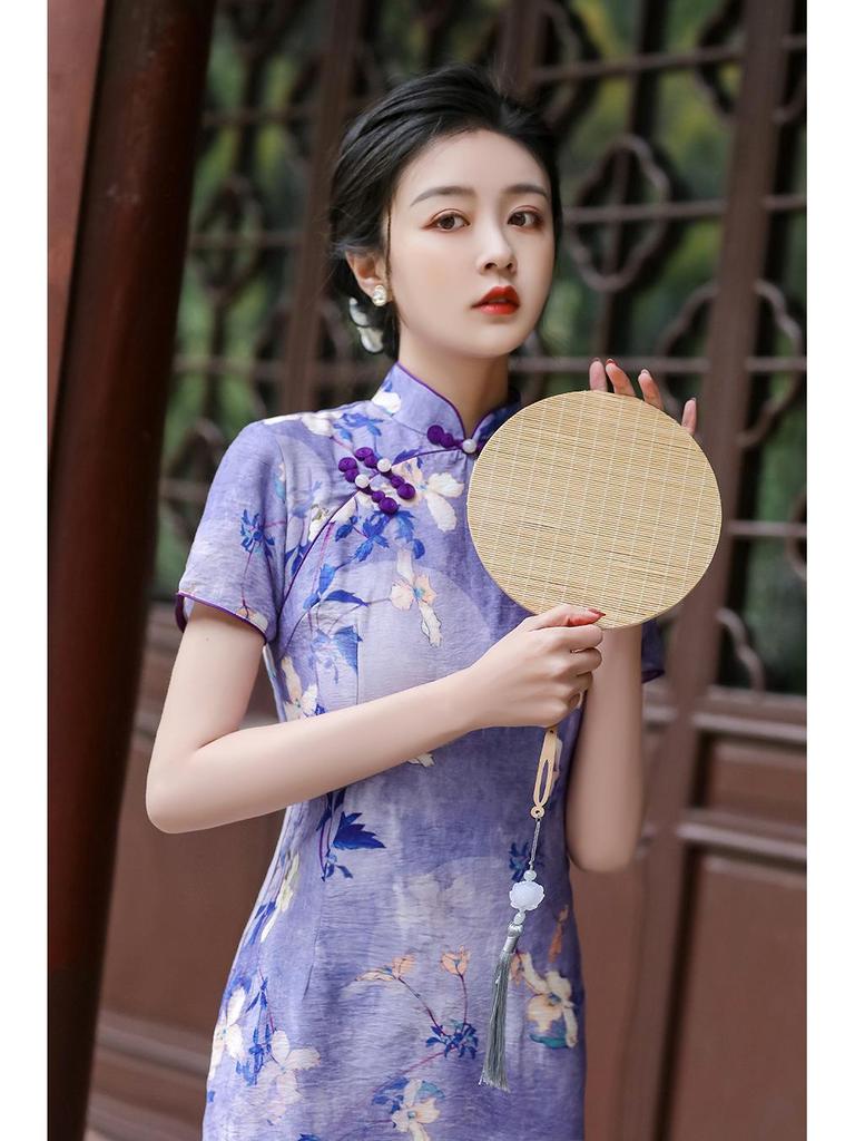 2024 Spring/Summer Elegant Retro Double-Layer Silk & Linen Short-Sleeve Cheongsam Dress