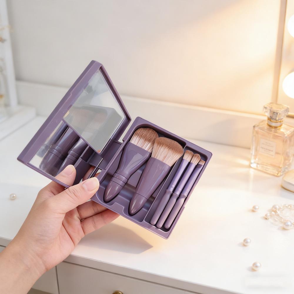 Hot Selling 5-in-1 Mini Makeup Brush Set with Mirror Travel Size Eyeshadow Powder Foundation Brush Beauty Tool
