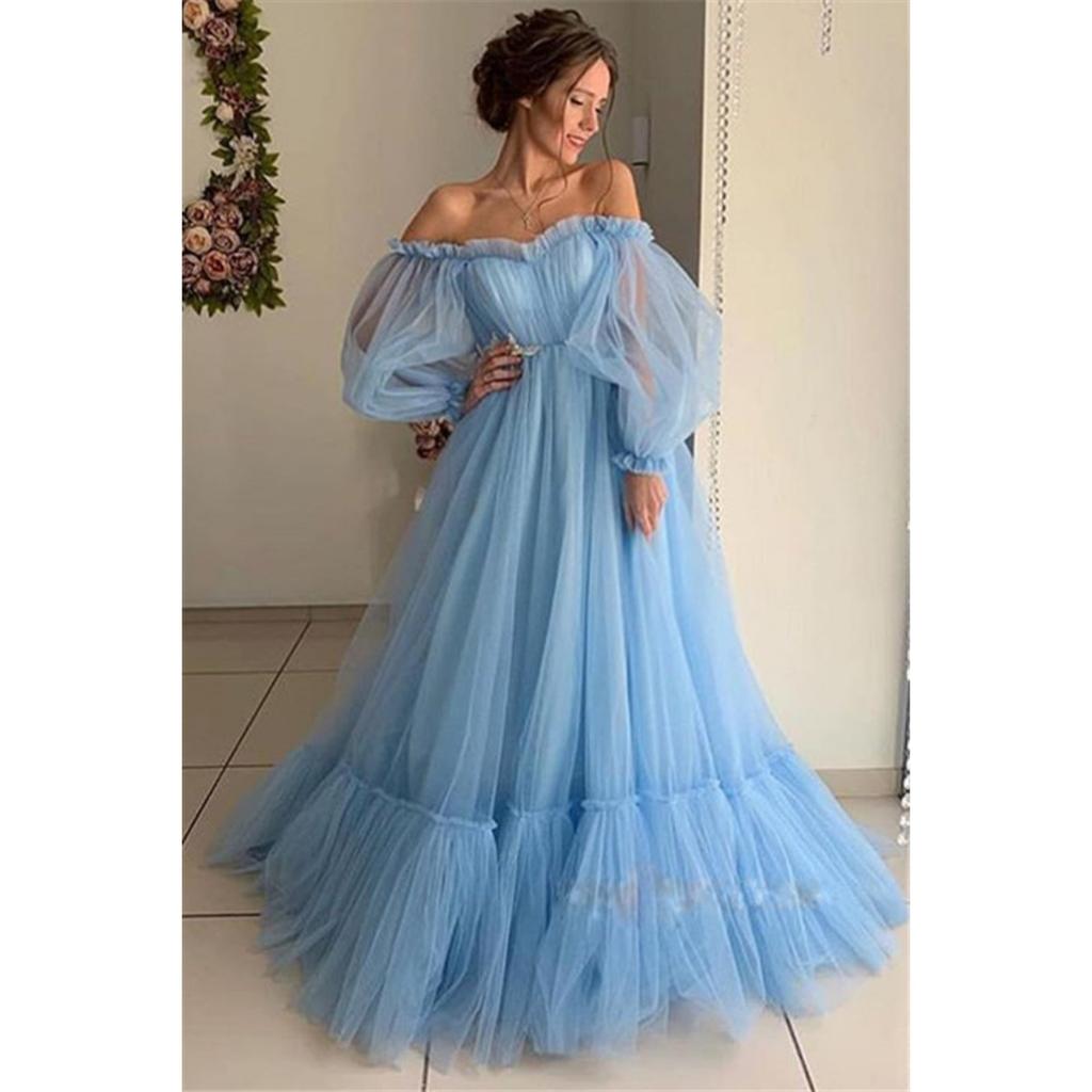 Neues Damen Europäisch-Amerikanischer Stil Schulterfrei Tüll Langarm A-Linie Hochzeitskleid Partykleid