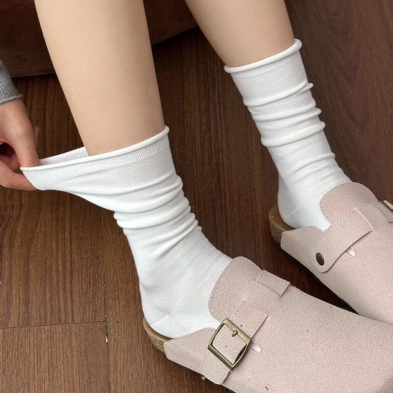 Women's Japanese-Style Mid-Calf Fluffy Cotton Socks - Breathable, Anti-Pilling, Solid Color, Rolled Edge