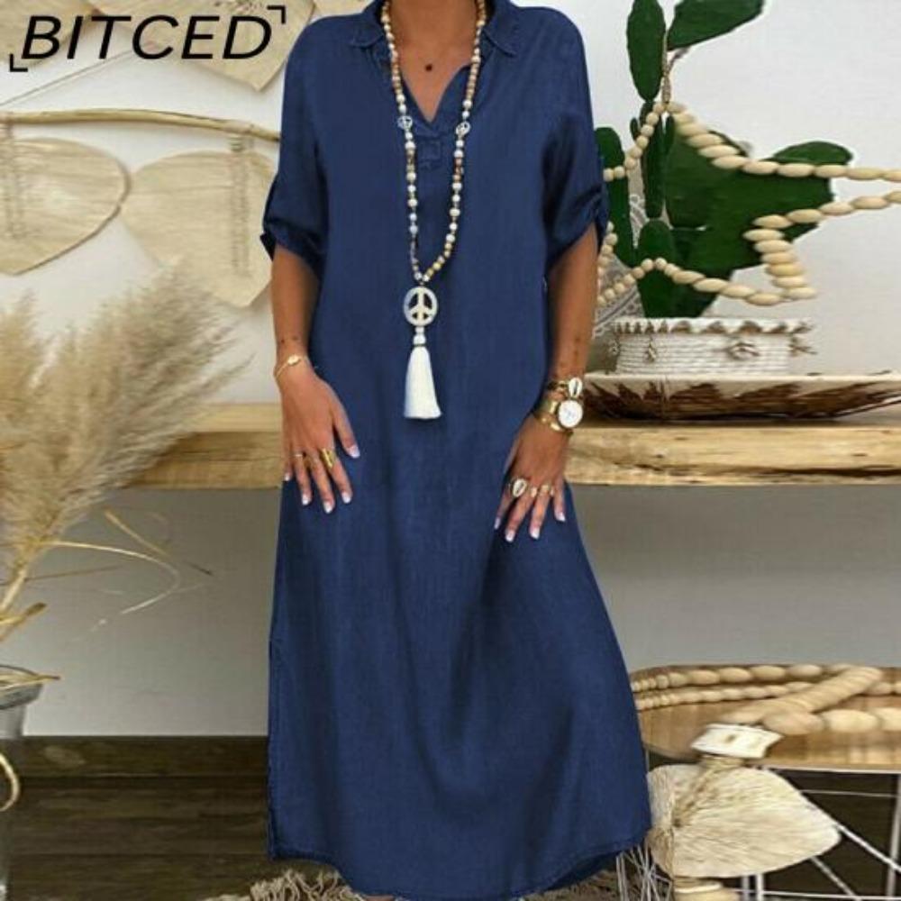 

BITCED Summer Denim Dress For Women Casual Spring Blue Maxi Dresses V Neck Half Sleeve Plus Size Long Dresses With Slit XXXXXL темно-синий