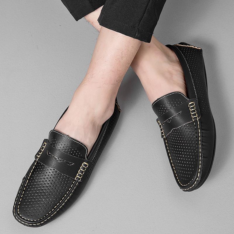 Summer Breathable Men Flats Shoes Comfort Anti Slip Outdoor Walking Driving Shoes Punching Leather Loafers Soft Men Casual Shoes