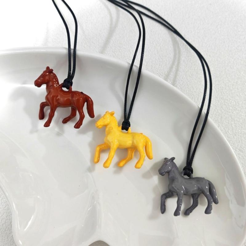 Versatile Long Pendant Necklace Featuring Horse Design In Vibrant Acrylic On Soft Leather Rope for Various Outfits