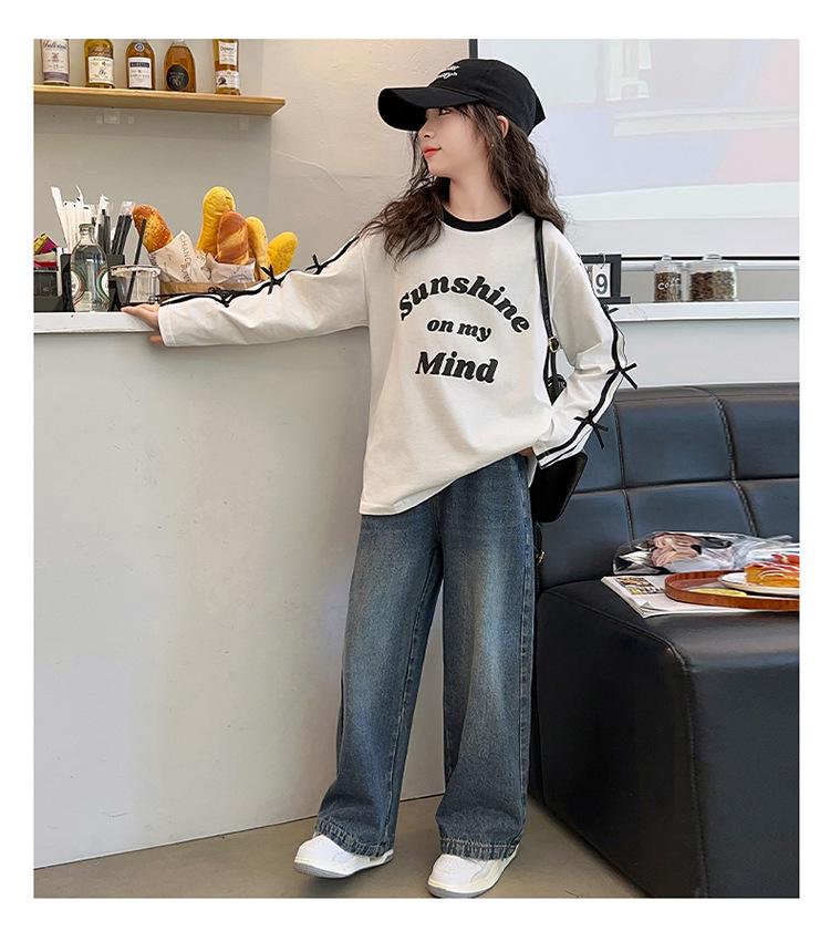 2025 Trendy Girls' Loose Long Sleeve Letter Stripe Top for Big Kids