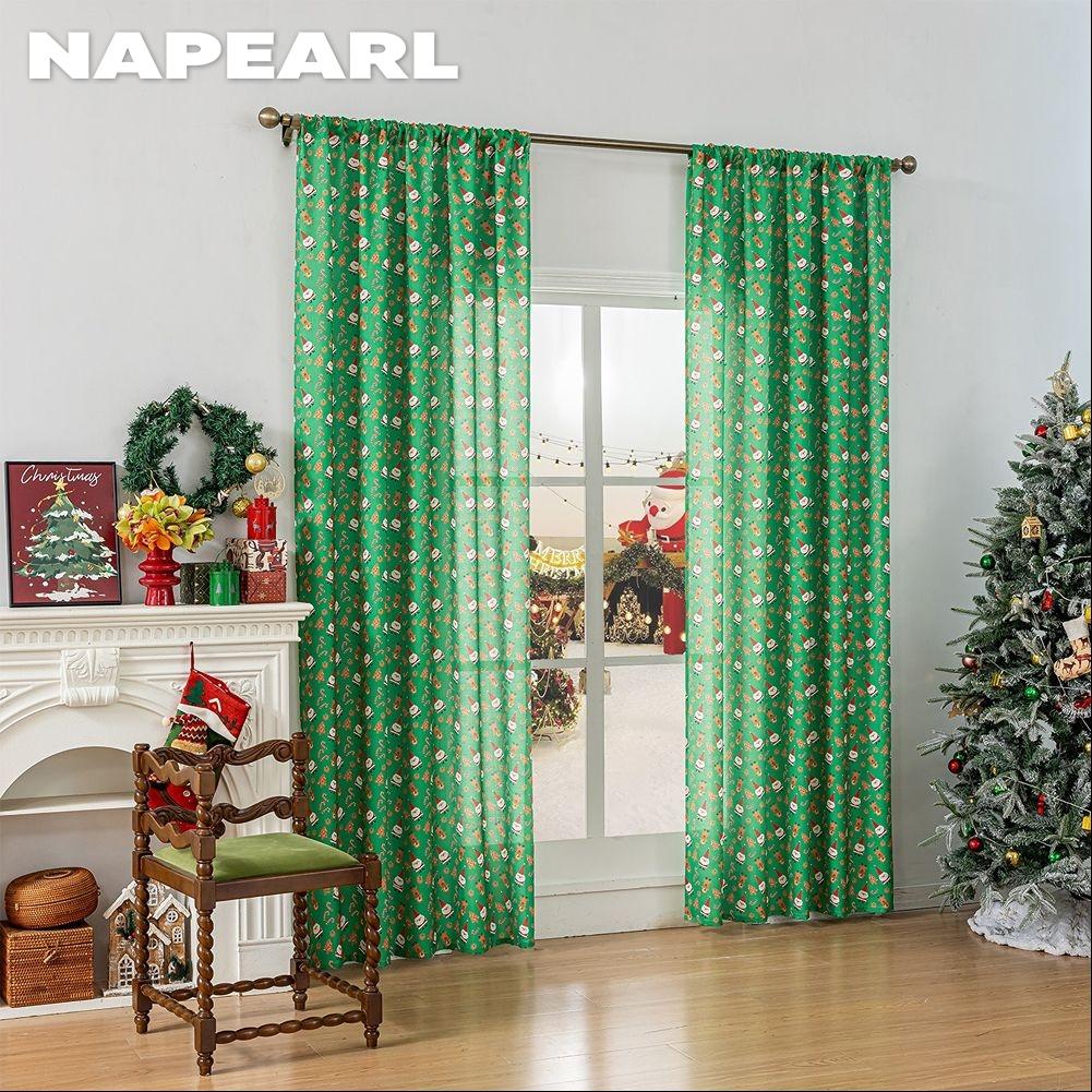 1PC NAPEARL Christmas Style Semi Blackout Curtains Santa Claus and Elk Pattern Green Curtains for Living Room Bedroom Balcony Window Home Decor