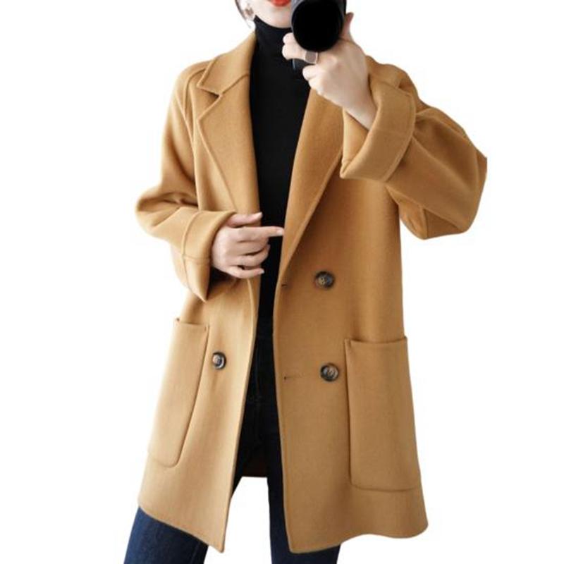 Women Winter Coat Solid Color Loose Double-breasted Turn-down Collar Side Pockets Cold-proof Cardigan Plus Size Thicken Autumn Overcoat Women Garment