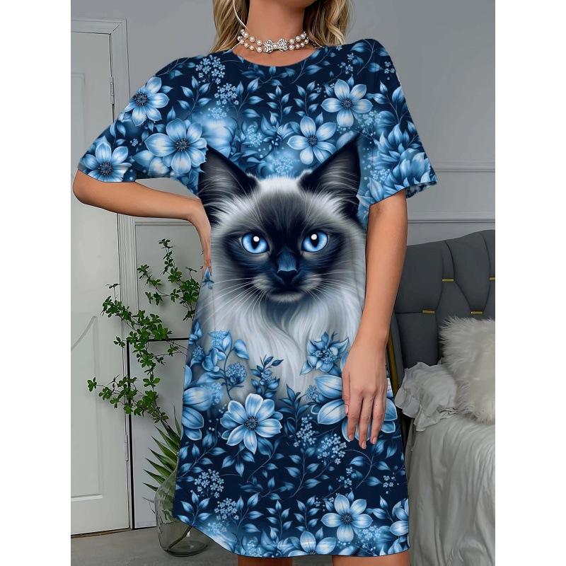 

Ladies Nightgown Cute Cat Print Short Sleeved Plus Size T-shirt Suitable For Both Outdoor And Home Wear L