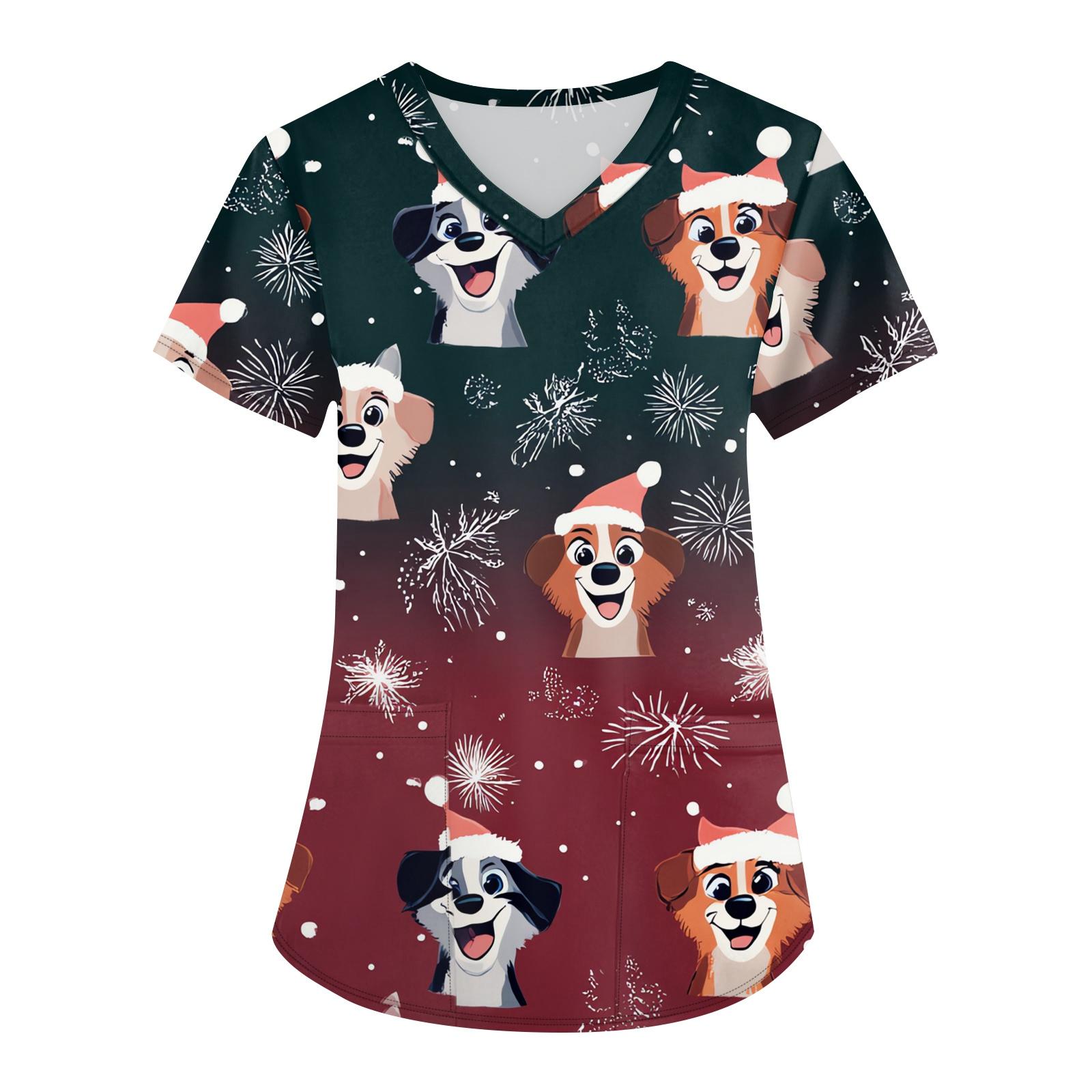 

Женская мода с v-образным вырезом, короткими рукавами и карманами, топы с рождественским принтом L