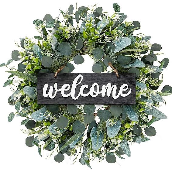Dremisland Green Eucalyptus Wreath with Welcome Sign 22in Spring Summer Artificial Eucalyptus Wreath for Front Door Polytype Leaves Wreath for Wall