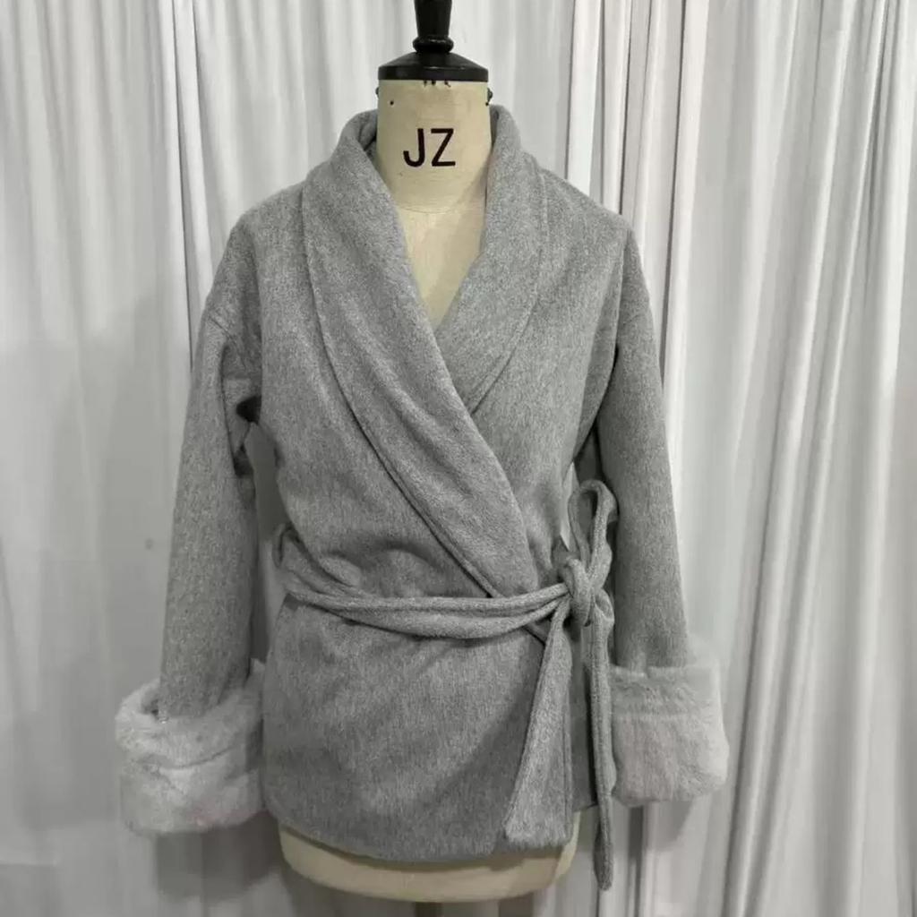 VAYLA Chic Lapel Plush Coat With Belt Women Vintage Solid Faux Fur Sleeve Tweed Open Coats Female Autumn Casual Street Outwear