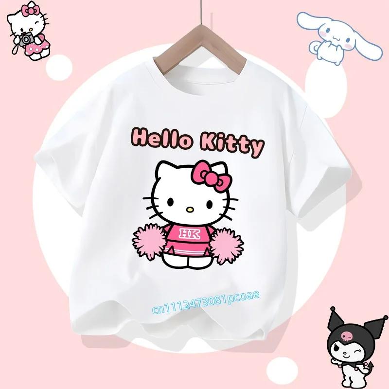 2026 Hello Kitty Summer Tshirt  Cotton ShortSleeved Girls Sportswear with Cartoon Print for Children Aged 112 Years Old