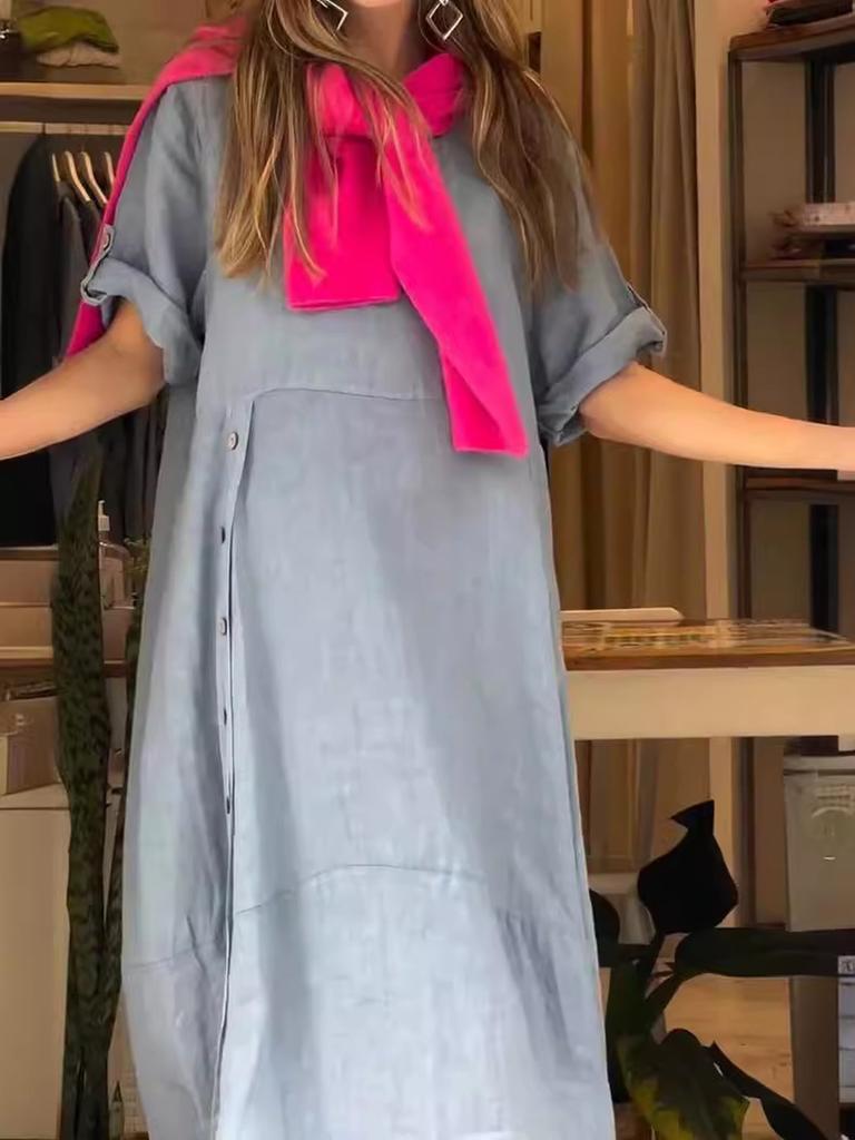 New Women's Summer Breeze Loose Casual Solid Color Short Sleeve Cotton Linen Dress