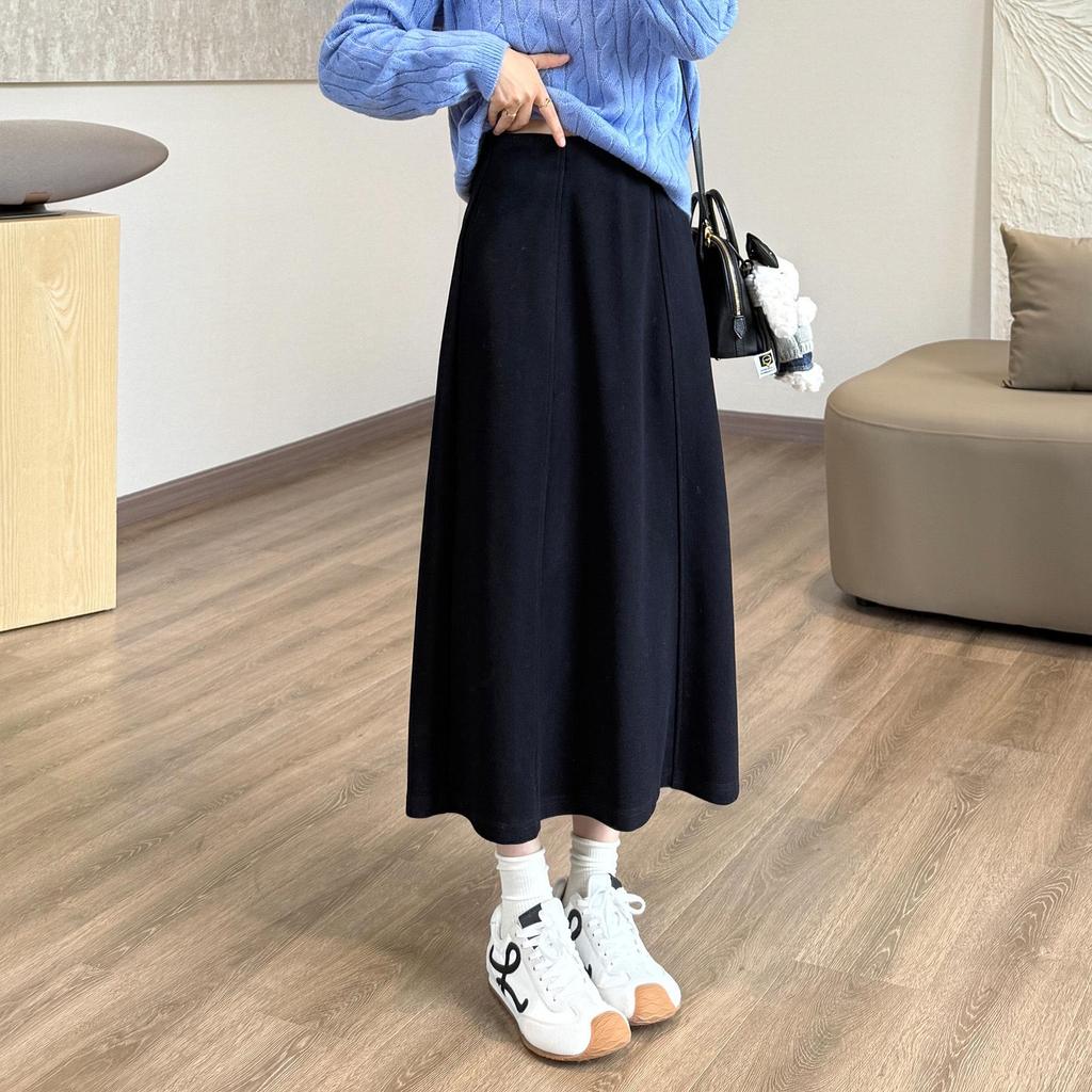 Wool-Blend 6-Panel Skirt with Elastic Waist and Hidden Inner Fold, Autumn/Winter Style