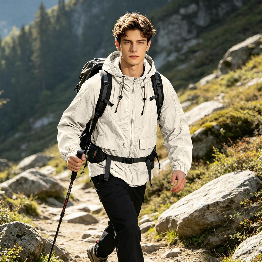 Men's Lightweight Sun Protection Jacket Breathable Outdoor Skin Coat with Hood Full Zip Front and Multiple Pockets for Sports and Casual Wear