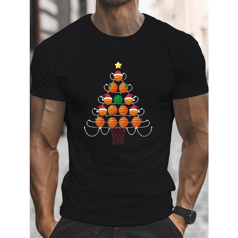 

European Size Men S Christmas Basketball Tree T-Shirt, Casual Crew Neck Short Sleeve Top, Slight Stretch, Regular Fit, Lightweight Summer Tee 4XL чорний