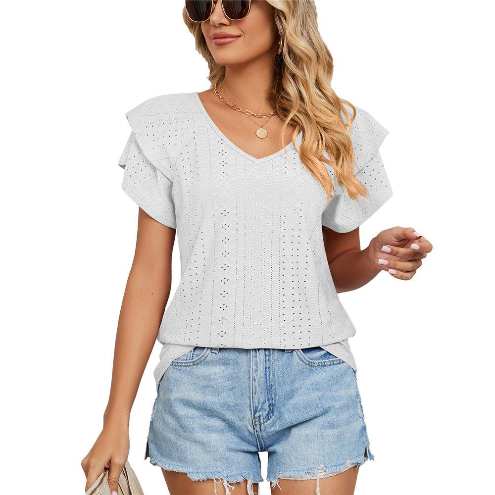 Womens Summer Eyelet Tops V Neck Double Ruffle Sleeve Casual Blouse Shirts Loose Fit Tops