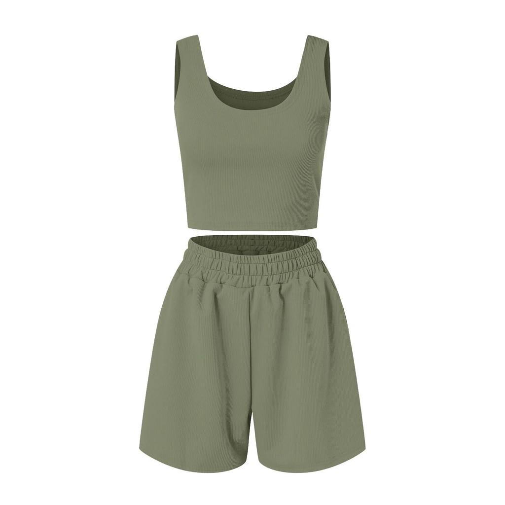 Damen Zweiteiler Sommer Strick Ärmelloses Crop Top und High Waist Kurze Lounge Sets