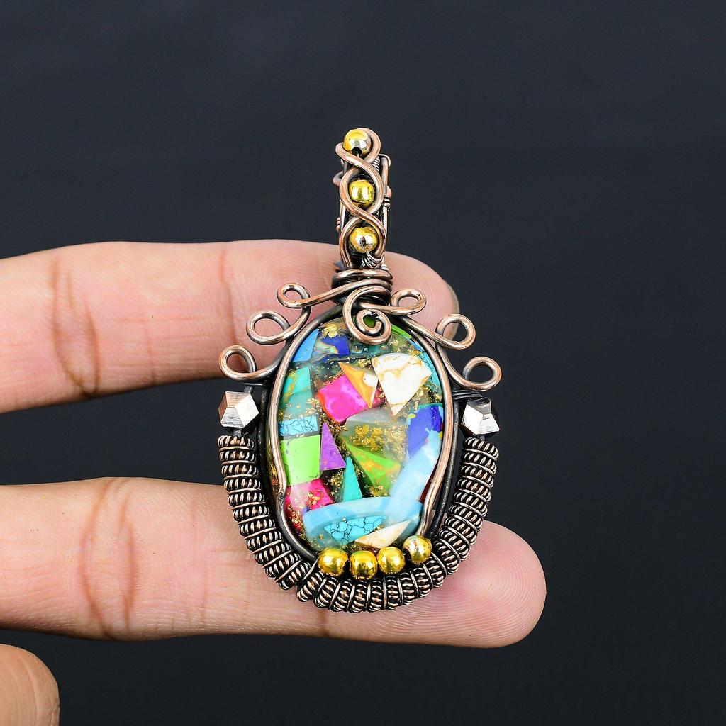 Multi Copper Spiny Oyster Gemstone Pure Copper Wire Wrapped Handmade Pendant Jewelry