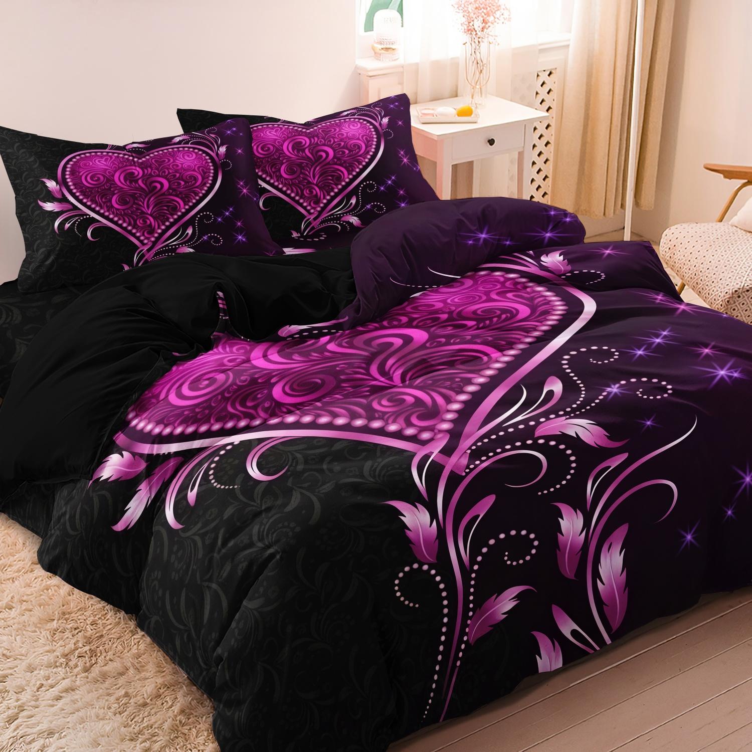 Grosstor Unisex Black/Pink 3Pcs Heart Printing Duvet Cover Set, Ornate Swirl Heart Bedding, For Family Bedrooms Dormitories Hotels,