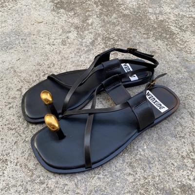 TRAF Women’s Black Sexy Thin Straps Flat Sandals Chic Metal Square Toe Flats 2024 Summer Female Fashion Street Buckle Sandals