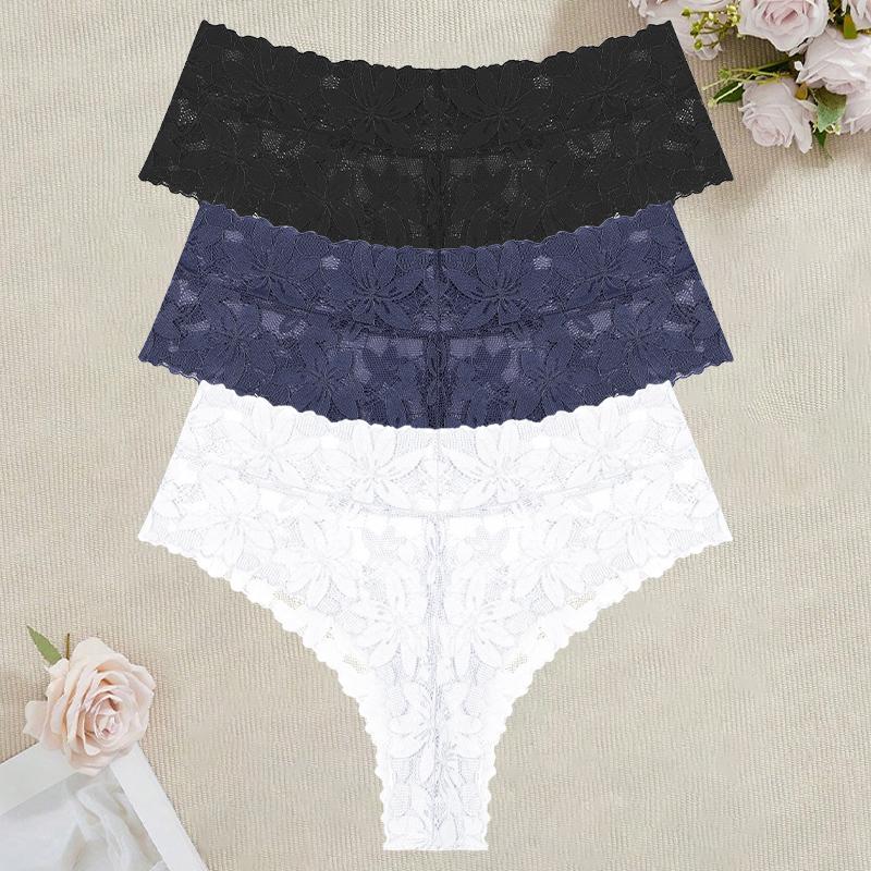 3Pcs/Set Women's High Waist Panties Ladies Sexy Lace Hollow Out Thong Breathable Transparent G-strings Solid Color Soft Lingerie