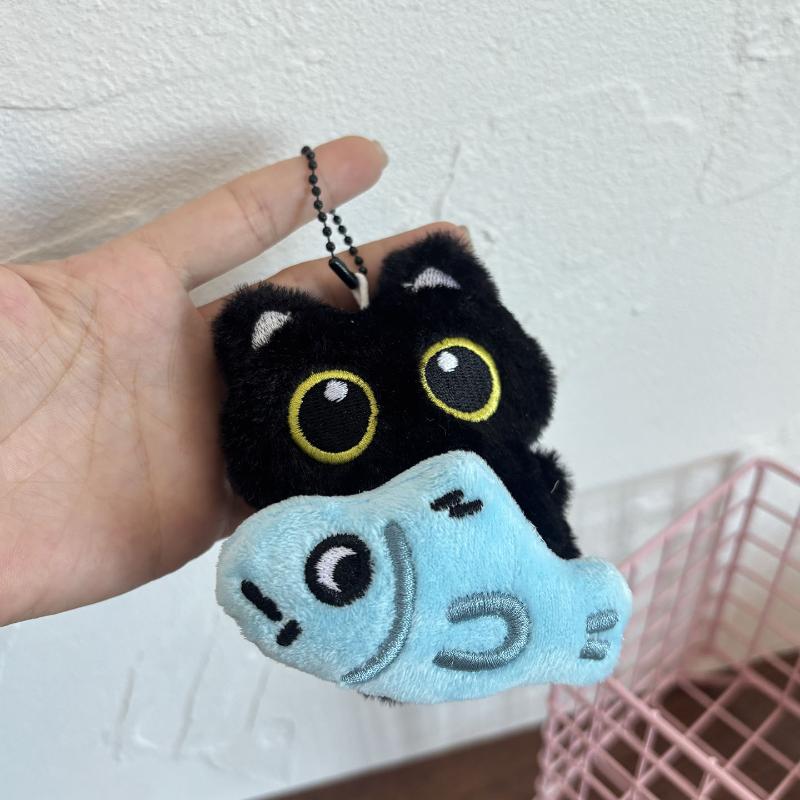 Cute Plush Big-eyed Black Cat Pendant With A Small Fish,Creative Couple's Bag Accessory,Little Black Cat Keychain