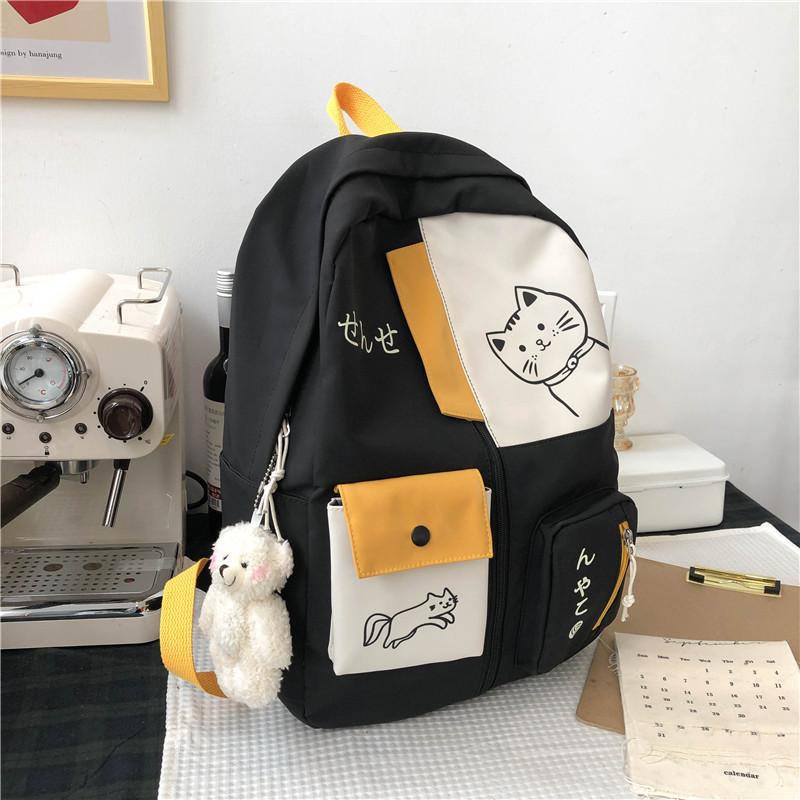 Hundreds of Simple Junior High School Students Schoolbag Large Capacity Primary School Students Schoolbag Cute Cat Pattern