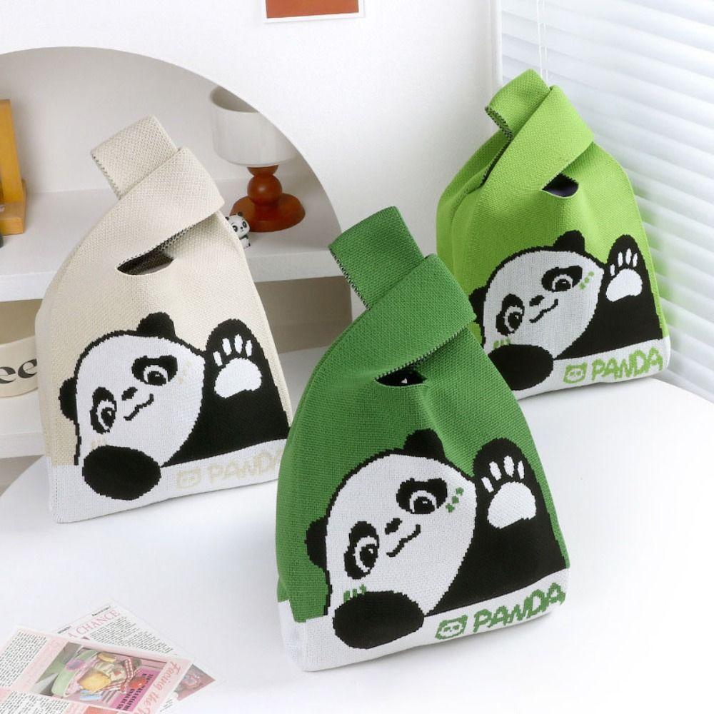 

Reusable Handmade Knit Handbag Panda Casual Tote Bags New Women Knot Wrist Bag