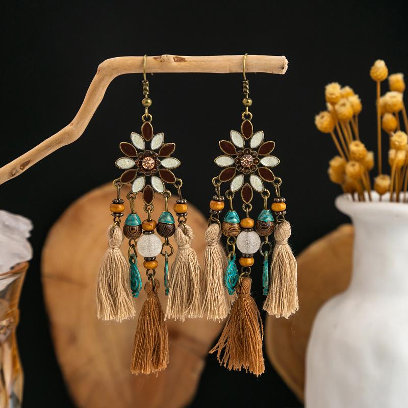 Bohemian Owl Bronze Filigree Earrings with Turquoise Tassels