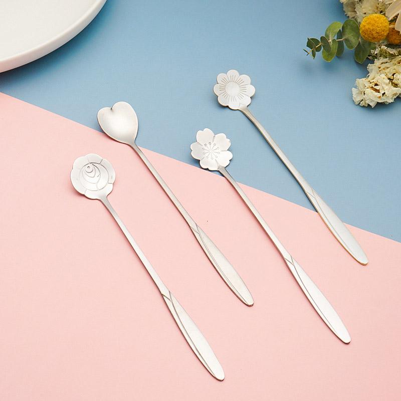 

4 шт. Чайная ложка с цветком, кофейная ложка, милая ложка для мороженого, десерта, торта, подарочные столовые приборы из нержавеющей стали, аксессуары для сервировки стола