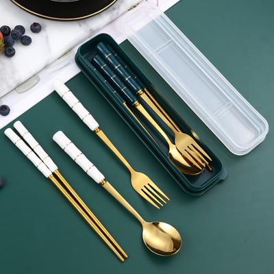 3Pcs Portable Cutlery Set with Box Stainless Steel Spoon Fork Chopsticks with Ceramic Handle Travel Dinnerware Camping Tableware Set