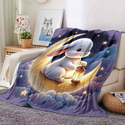1pc Rabbit Moon Blanket Lightweight Flannel Throw for Sofa Bed Travel Camping Livingroom Office Couch Chair