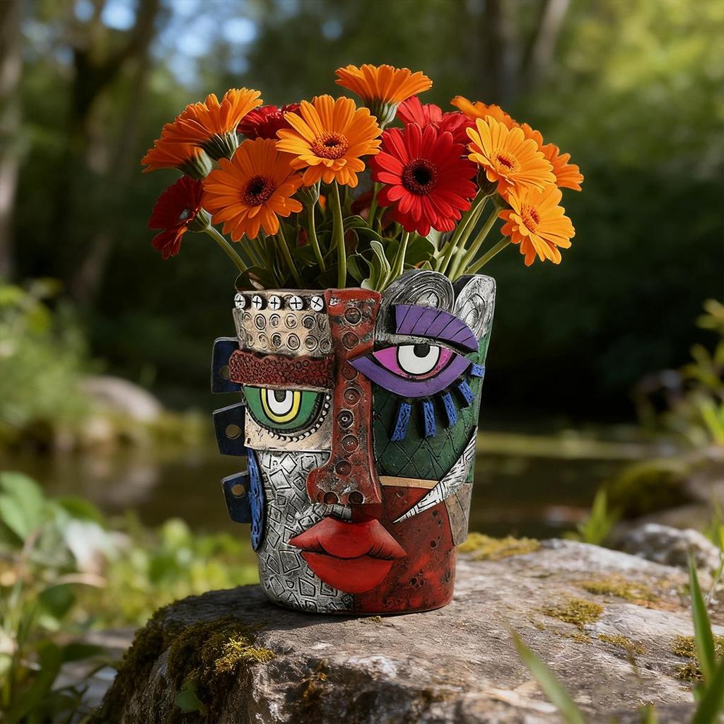 Mayan Abstract Colorful Resin Flower Pot for Garden & Living Room Décor, Green Plant Succulents & Bonsai Display